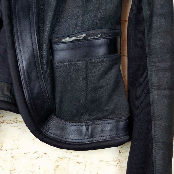 Rick Owen Distress Lamb Leather Jacket Women 6US Black Open Front Goth Y2K FLAWS - Picture 8 of 15
